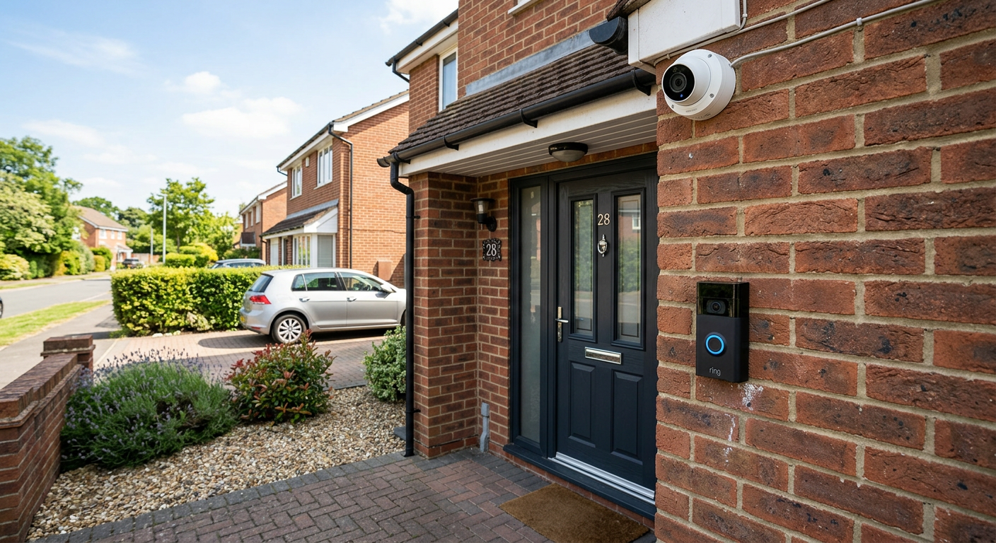 Wireless alarm panel and external CCTV dome camera installed on a UK home