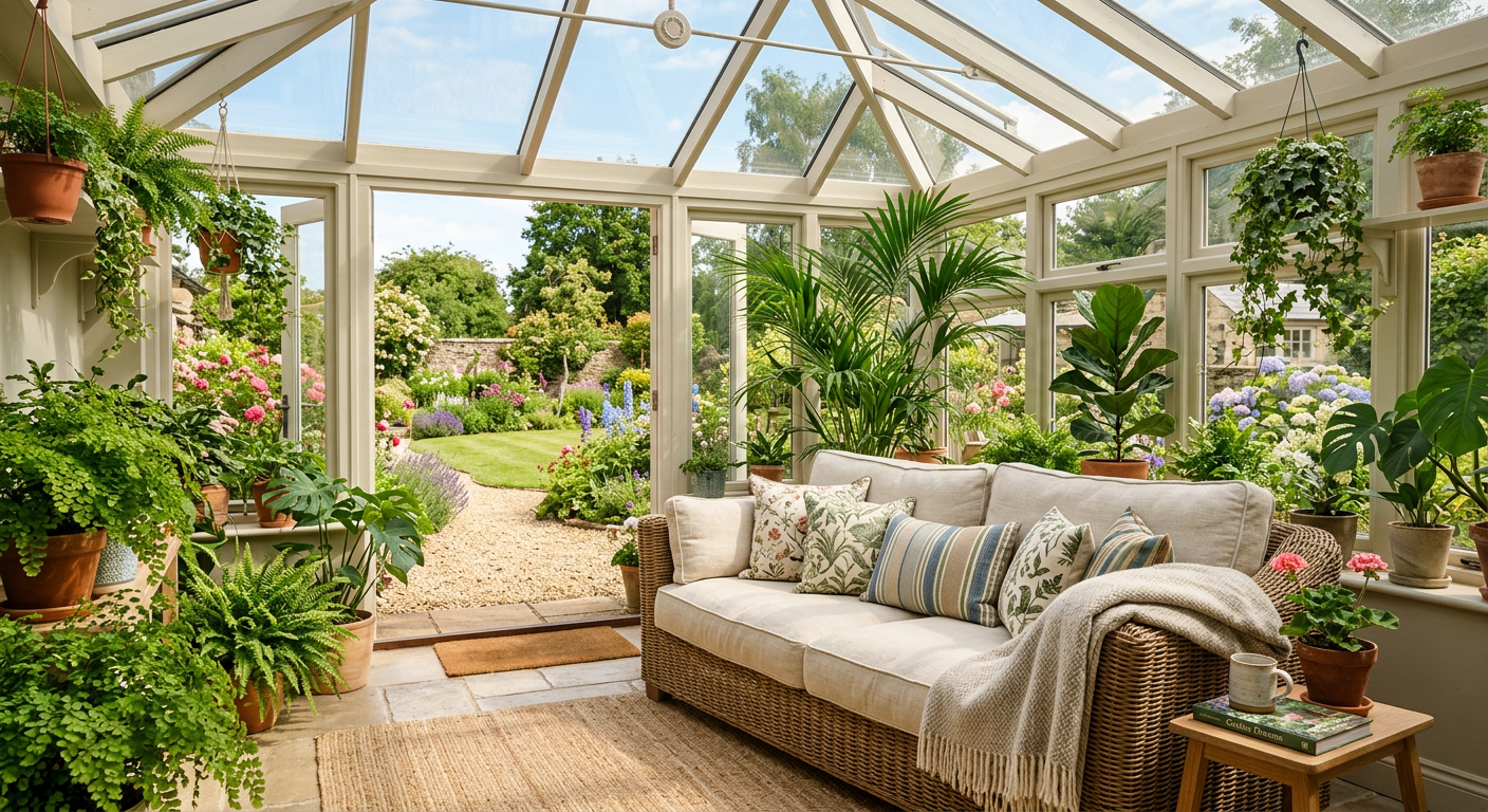 Bright sunlit conservatory interior with wicker sofa and cushions