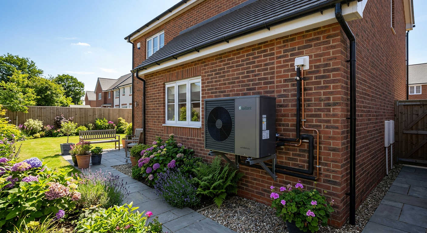 Air-source heat pump unit mounted on exterior wall of a modern UK brick home