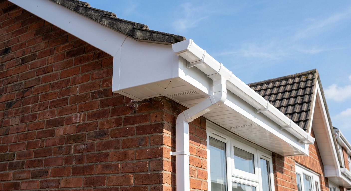 Fresh uPVC fascias and black guttering installed on a UK semi-detached house