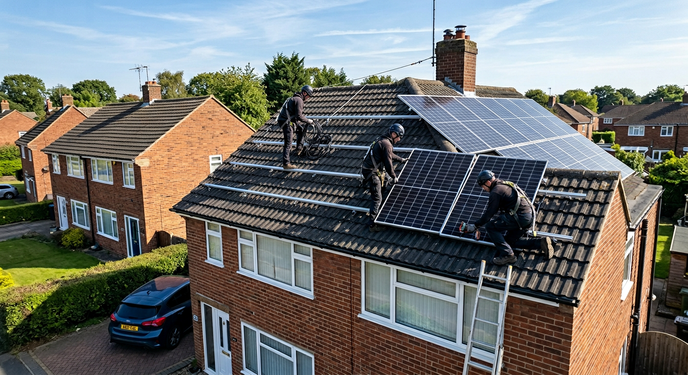 Solar panels being installed on the roof of a UK semi-detached house